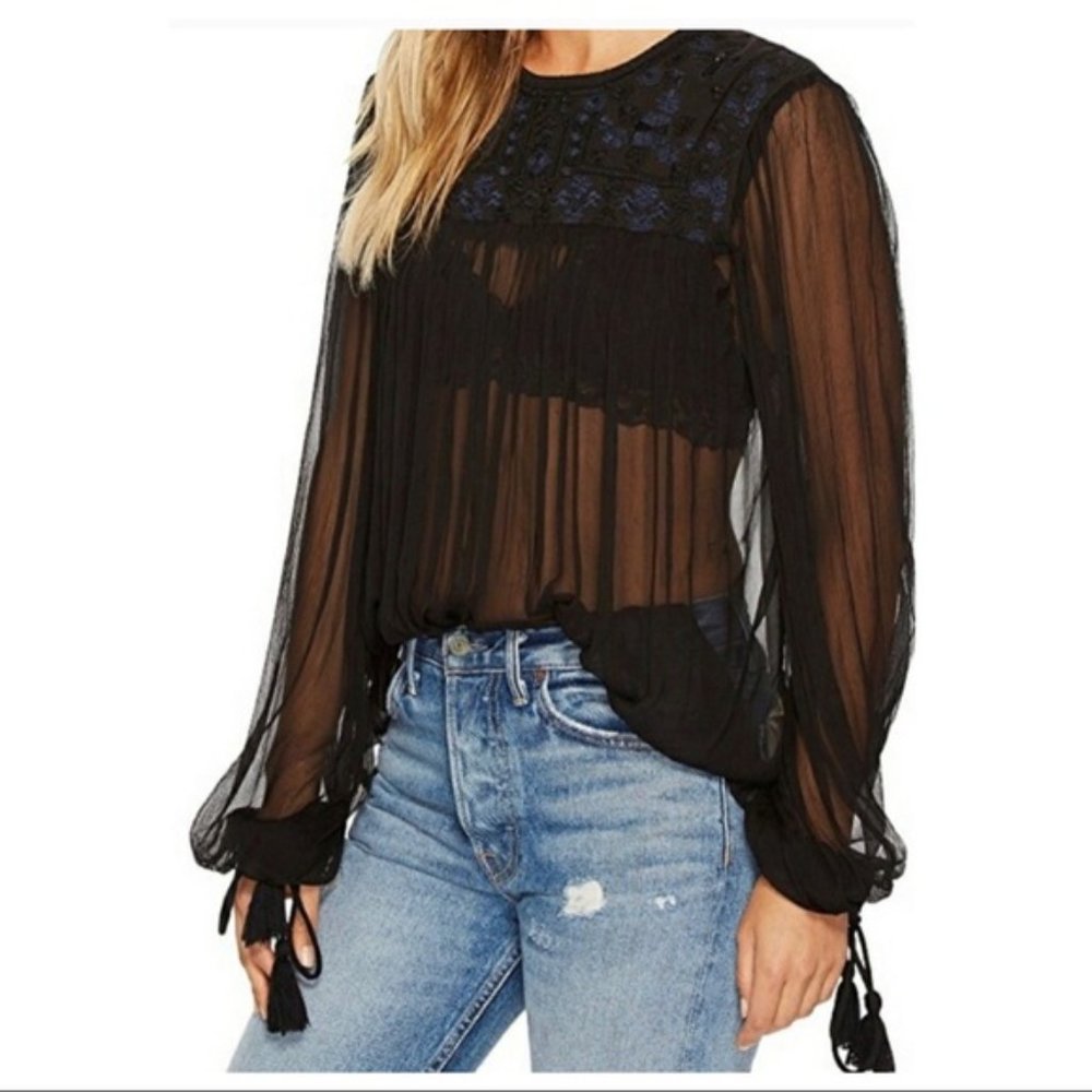 Free People Retro Femme Sheer Embroidered Blouse M